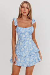 Moonlit Moment Ruffle Trim Lace-Up Back Dress Floral Blue