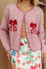 Early Snow Blanket Stitch Bow Cardigan Light Pink
